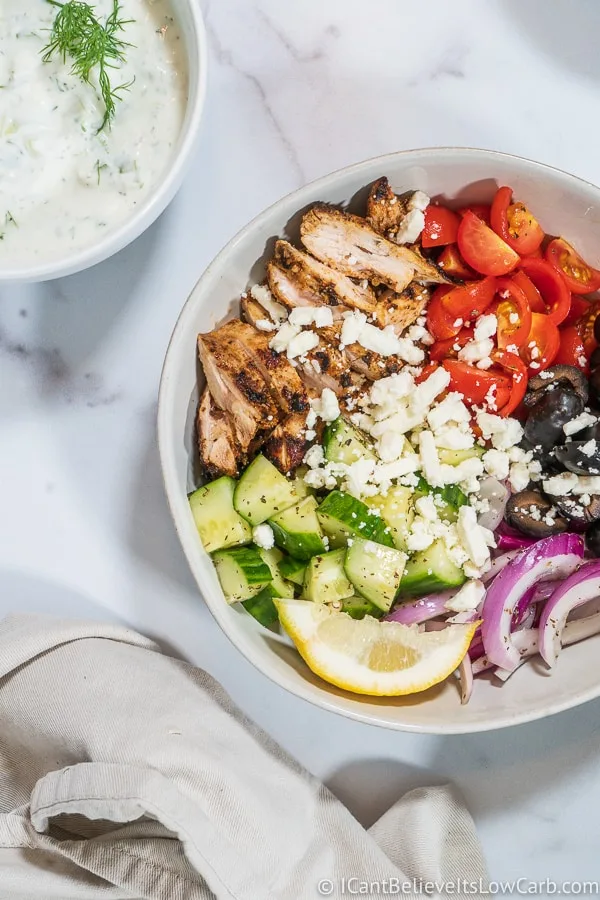 Easy Greek Chicken Bowl Recipe w/ tzatziki sauce