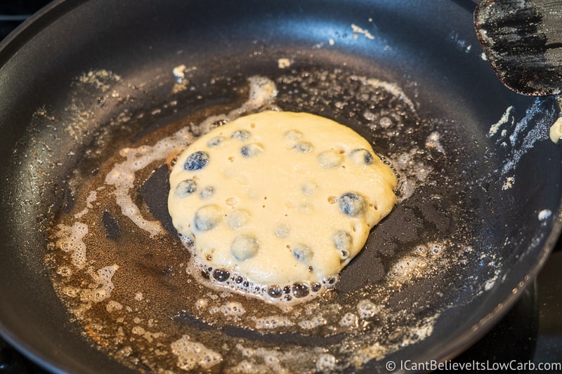 Keto Blueberry Pancakes on stove