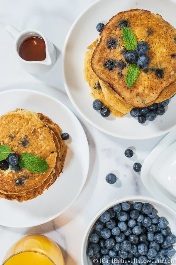 2 stacks of Fluffy Keto Blueberry Pancakes Recipe almond flour