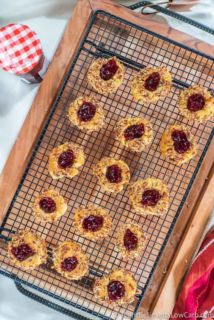 Raspberry keto thumbprint cookies out of the oven