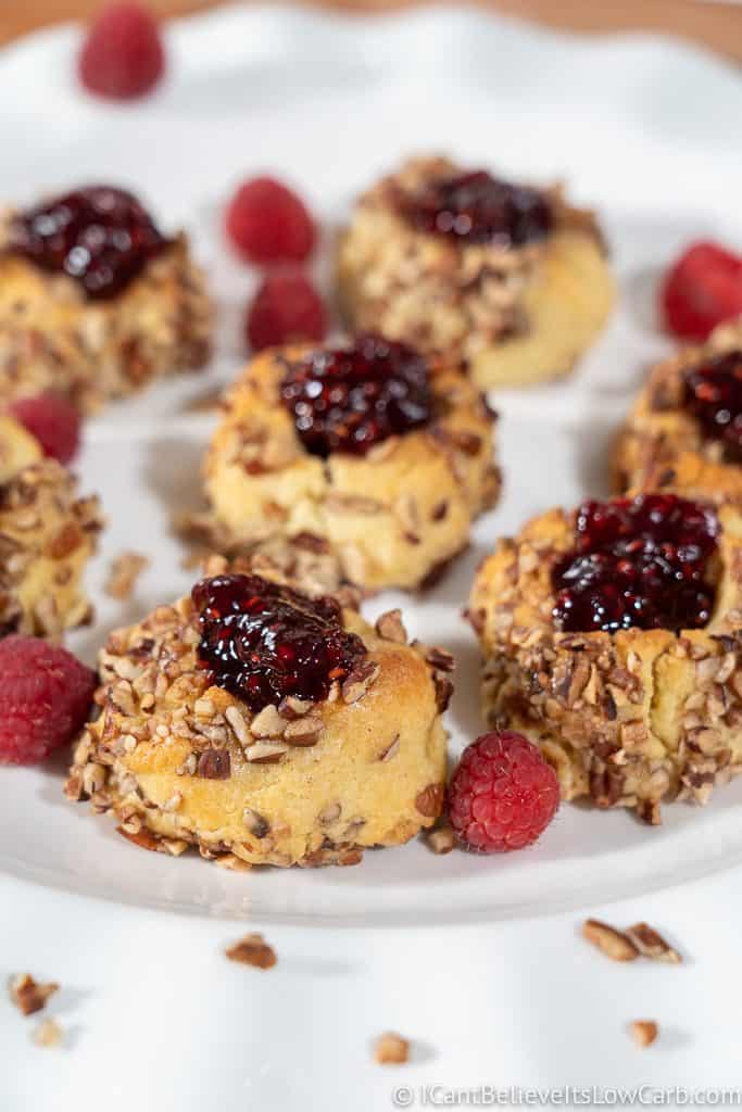 low carb Raspberry jam thumbprint cookies on a plate