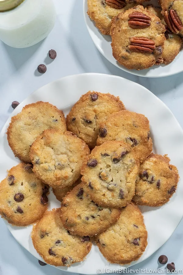 Keto Chocolate Chip Cookie Recipe on a plate with milk