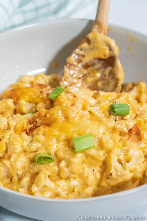 Keto Mac and Cheese Recipe in bowl with cheese