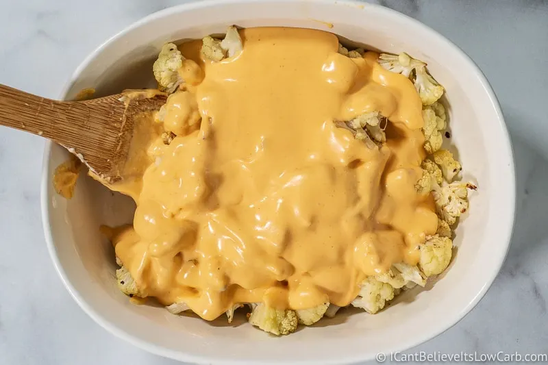 Keto Mac and Cheese Recipe cheese sauce on cauliflower
