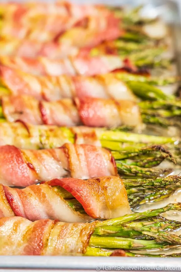 closeup of Bacon Wrapped Asparagus on tray