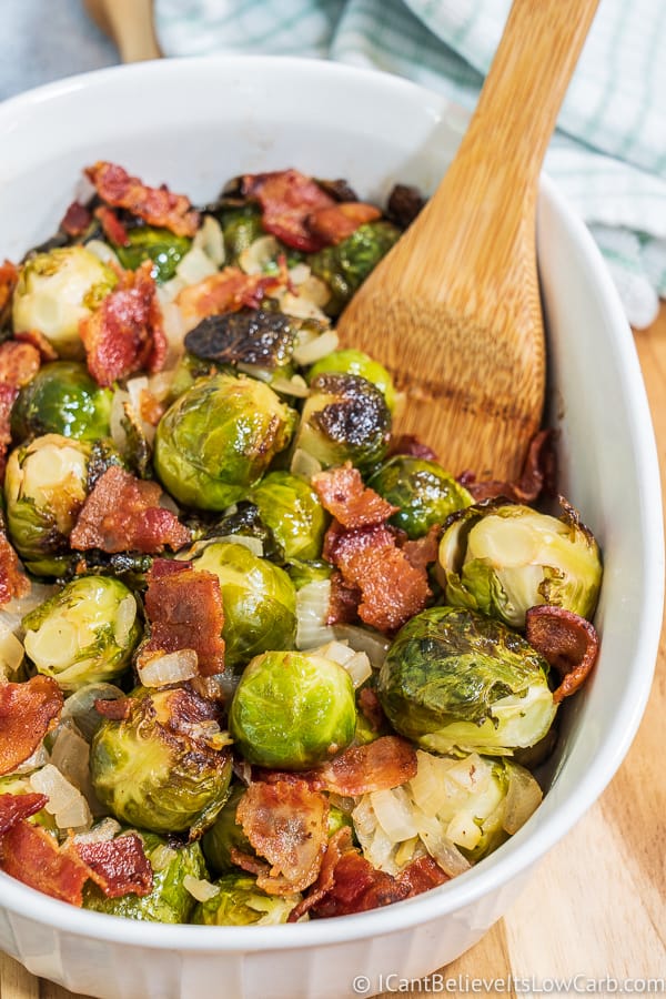 Brussel Sprouts with Bacon in a serving dish