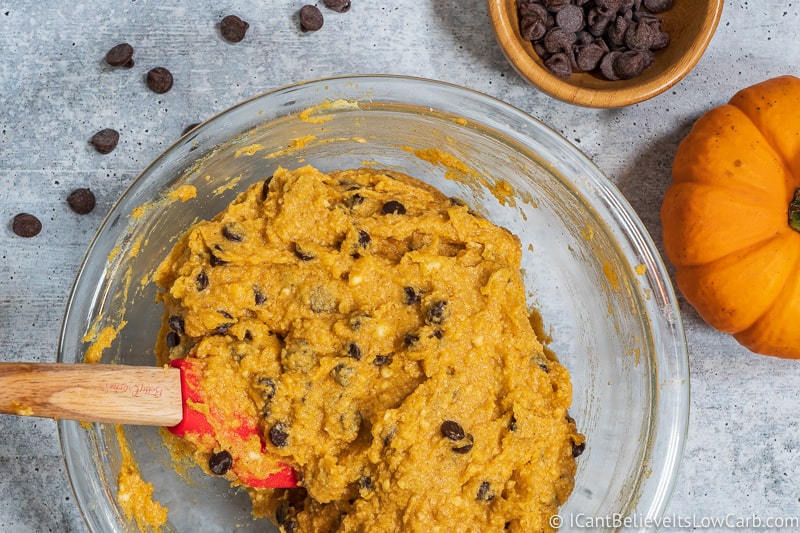 keto Pumpkin Chocolate Chip Cookies recipe with bowl of batter
