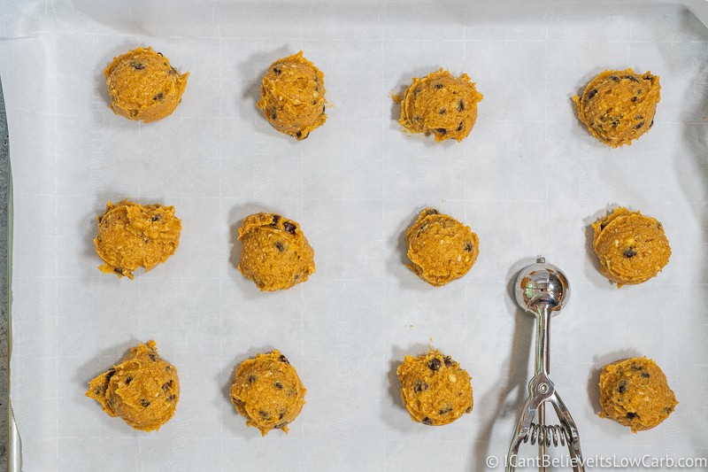 coops of low carb Pumpkin Chocolate Chip Cookies on a tray