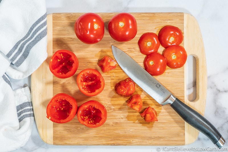 cutting tomatoes for Tuna Stuffed Tomatoes recipes
