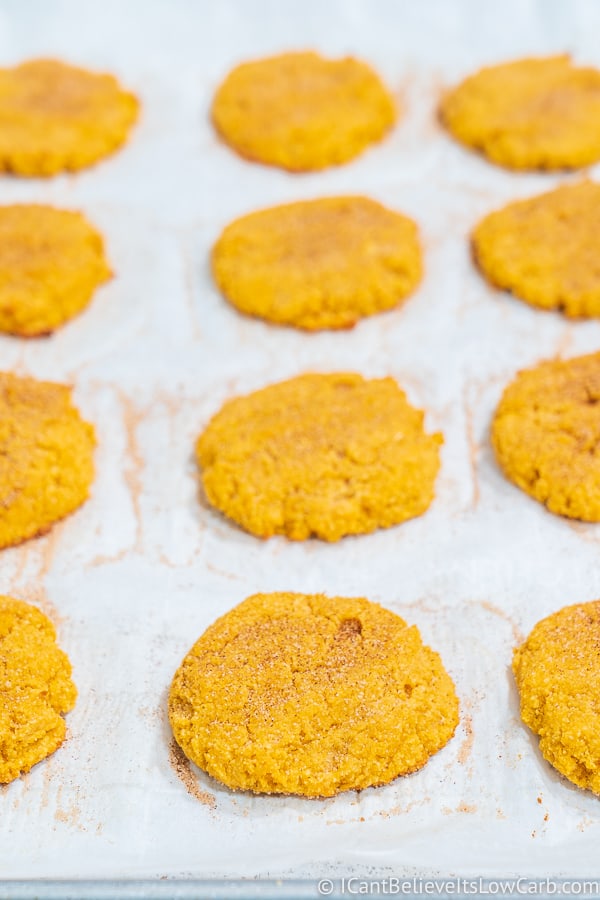 Low Carb Pumpkin Snickerdoodle Cookies on sheet pan ready to put in oven