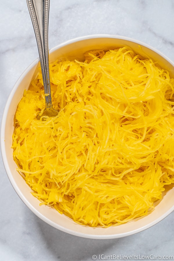 closeup of big bowl of Spaghetti Squash