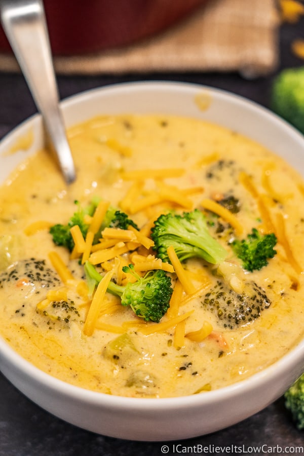 bowl of Keto Broccoli Cheddar Soup with cheese