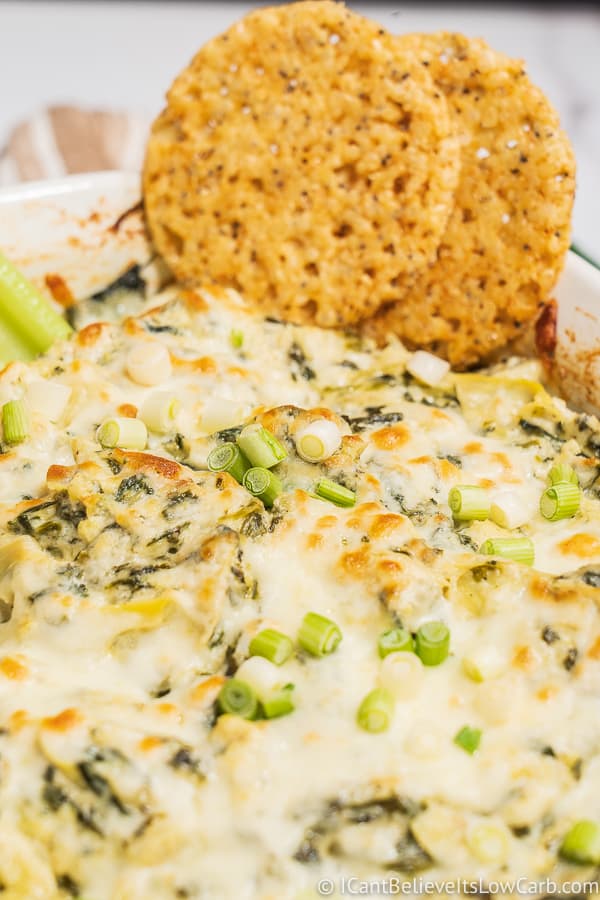 Low Carb Spinach Artichoke Dip fresh out of the oven