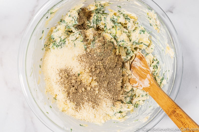 adding ingredients for Low Carb Spinach Artichoke Dip