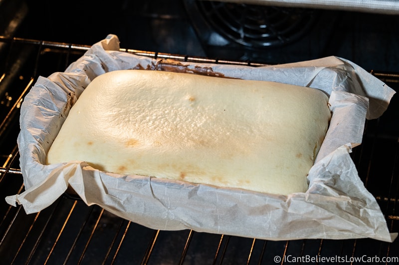 Low Carb Cheesecake Bars in the oven