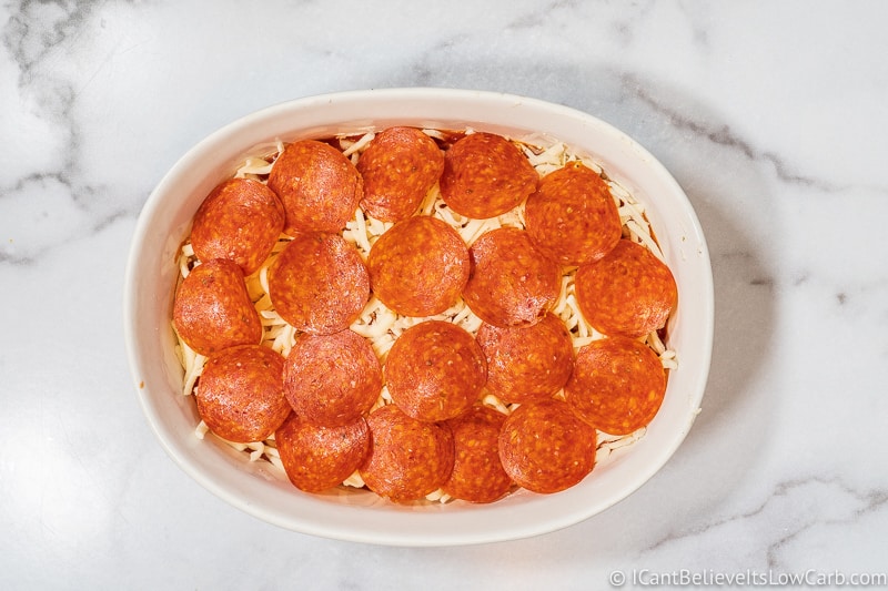 Keto Pizza Dip topped with pepperoni
