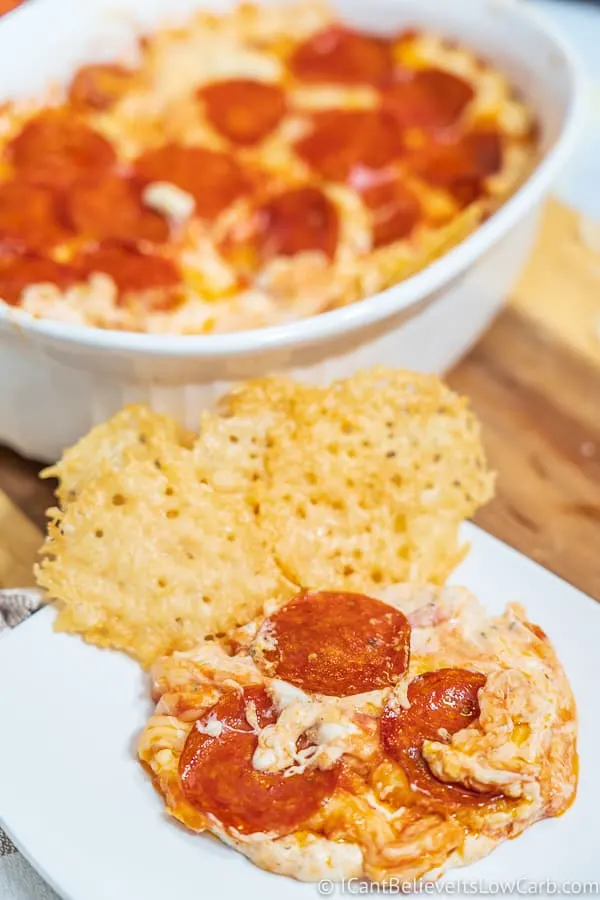 easy Keto Pizza Dip with cheese crackers