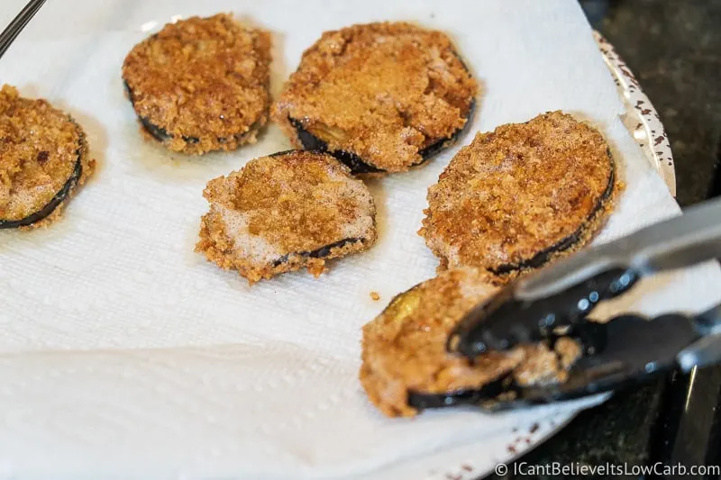 draining oil from Keto Fried Eggplant