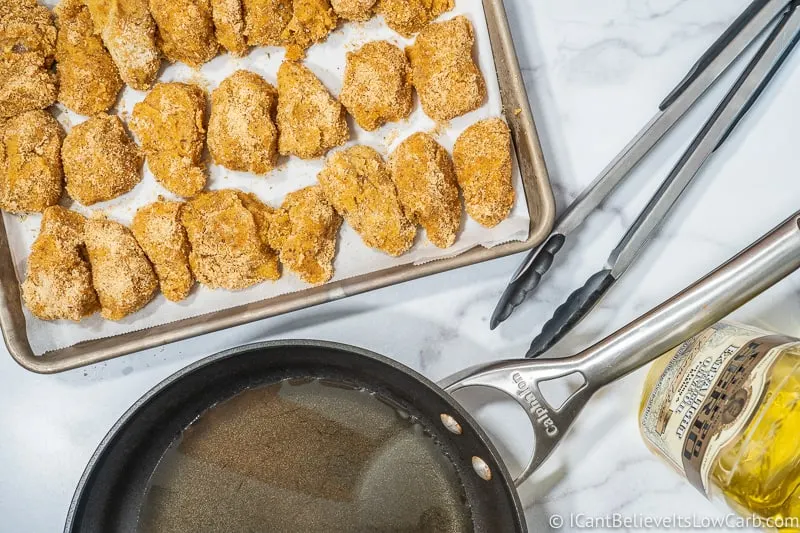Low Carb Chicken Nuggets on tray ready to fry