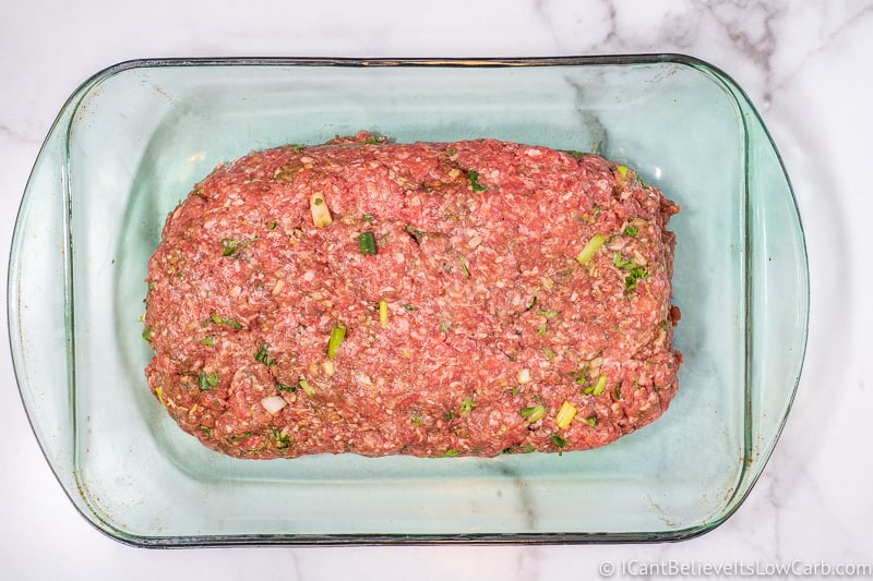 low carb Meatloaf formed into loaf in baking dish