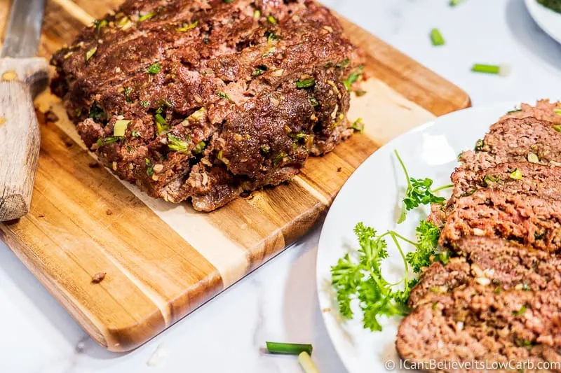 Keto Meatloaf on cutting board and plate