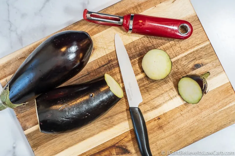 Cutting Eggplant on cutting board