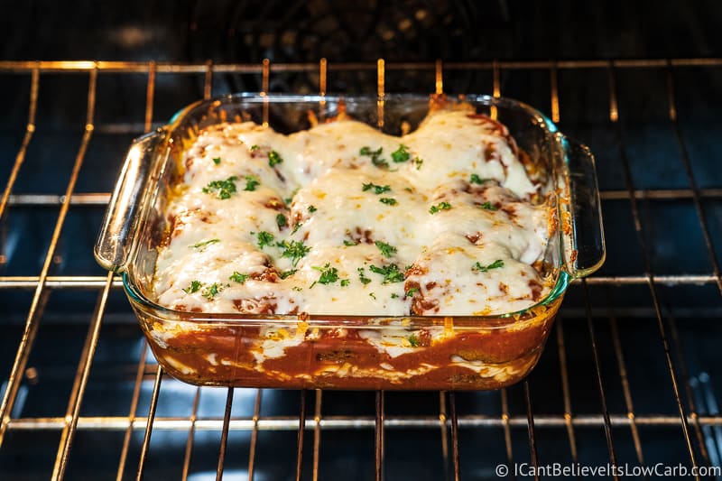 Keto Eggplant Parmesan baking in the oven