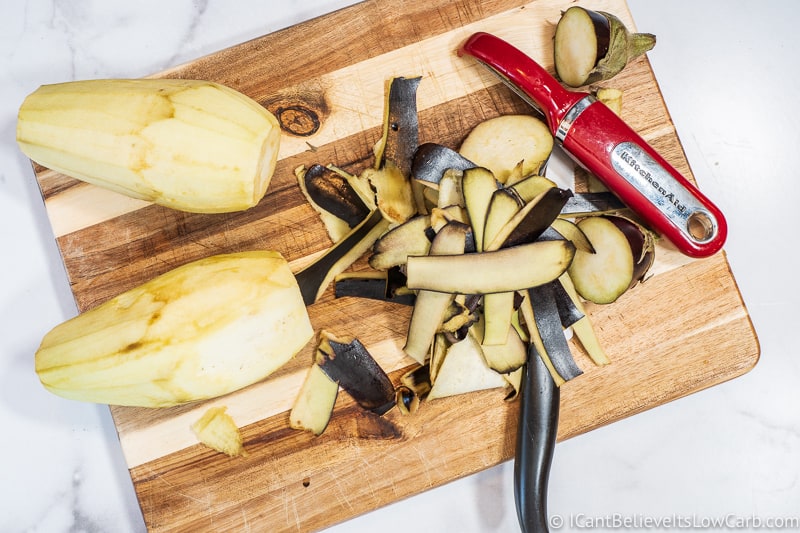 peeling Eggplant on cutting board