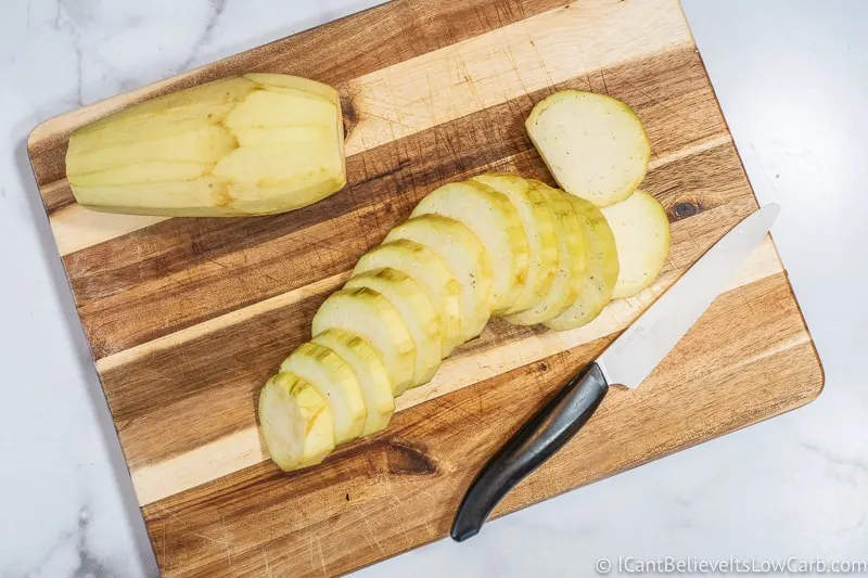 slicing peeled Eggplant