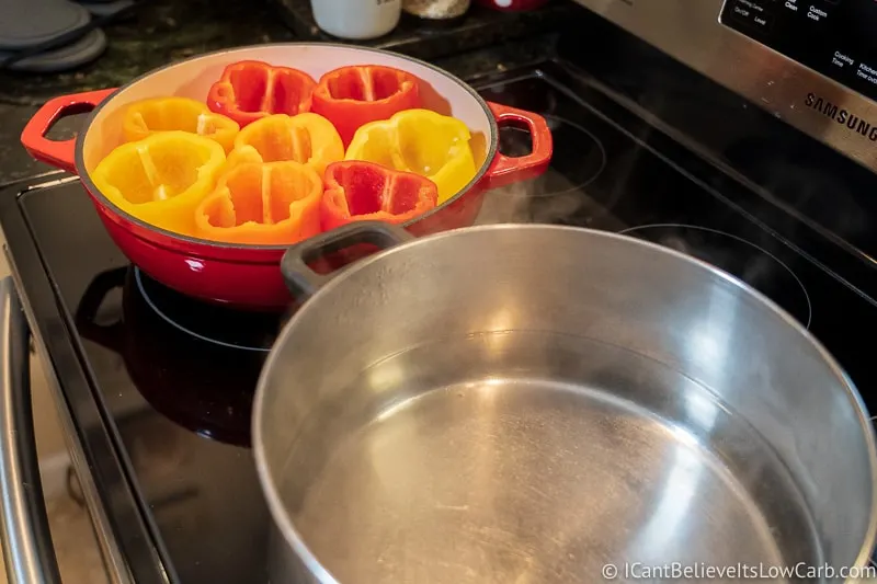 par-boiling Bell peppers for Keto Stuffed Peppers