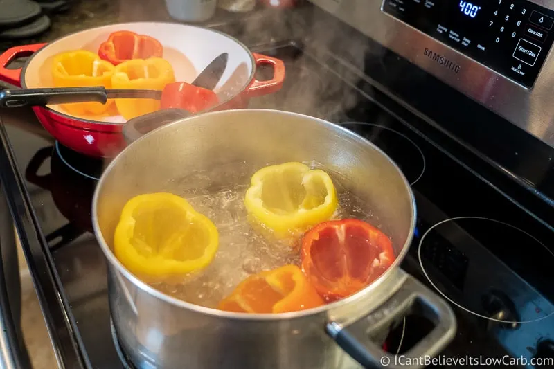 Bell Peppers boiling in pot on the stove
