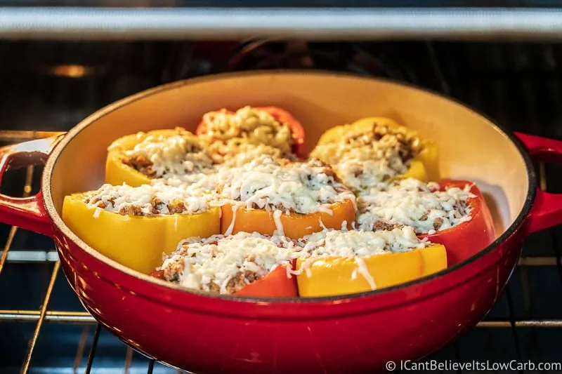 Low Carb Keto Stuffed Peppers in oven with melted cheese