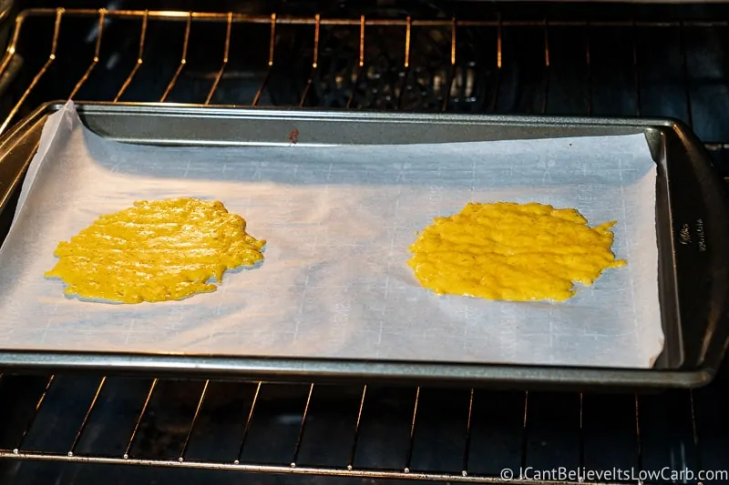 Keto Cheese Taco Shells cooking in the oven