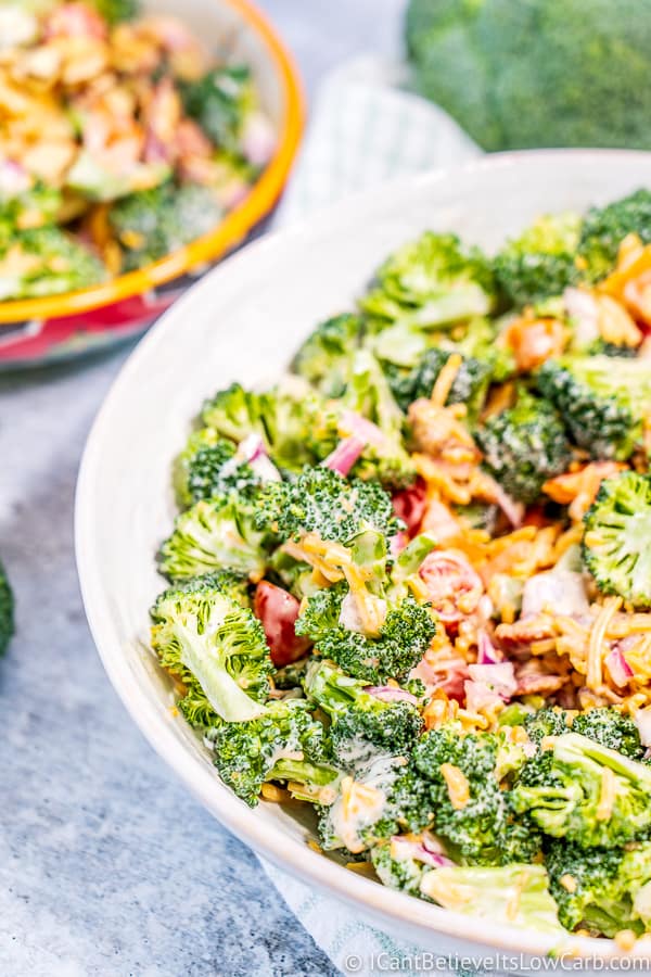 creamy low carb Broccoli Salad with cheddar cheese