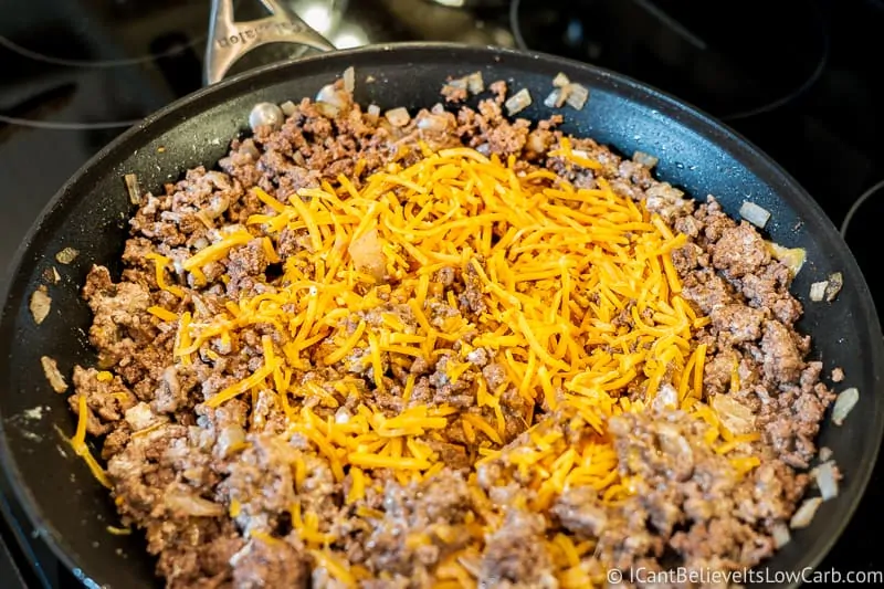 Keto Cheeseburger Casserole with cheddar cheese on top