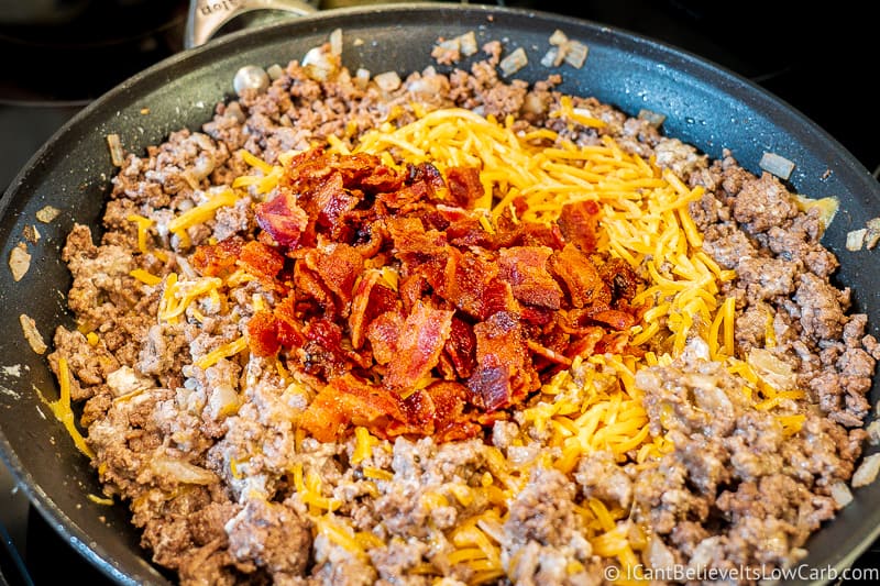 pile of bacon and cheese on Cheeseburger Casserole