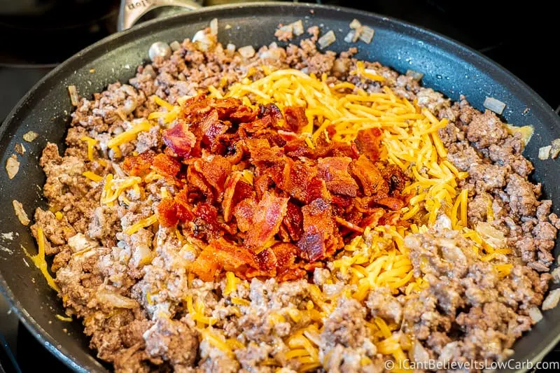 pile of bacon and cheese on Cheeseburger Casserole