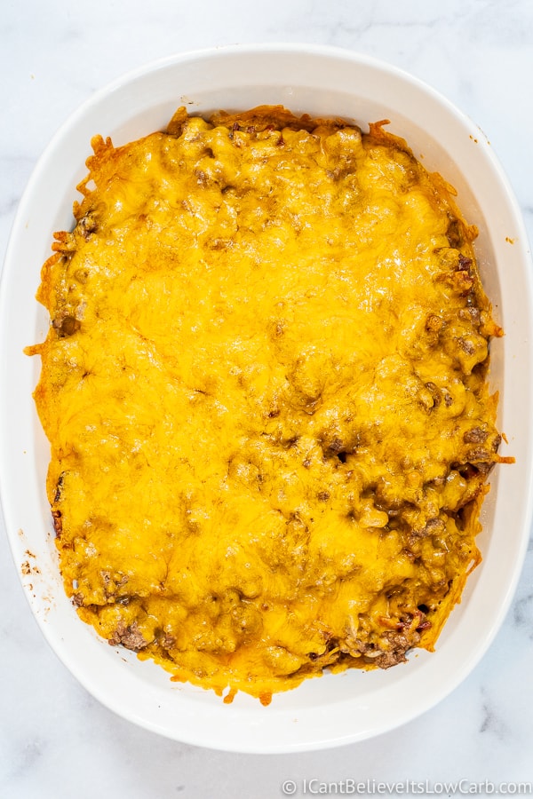 Keto Bacon Cheeseburger Casserole fresh out of the oven