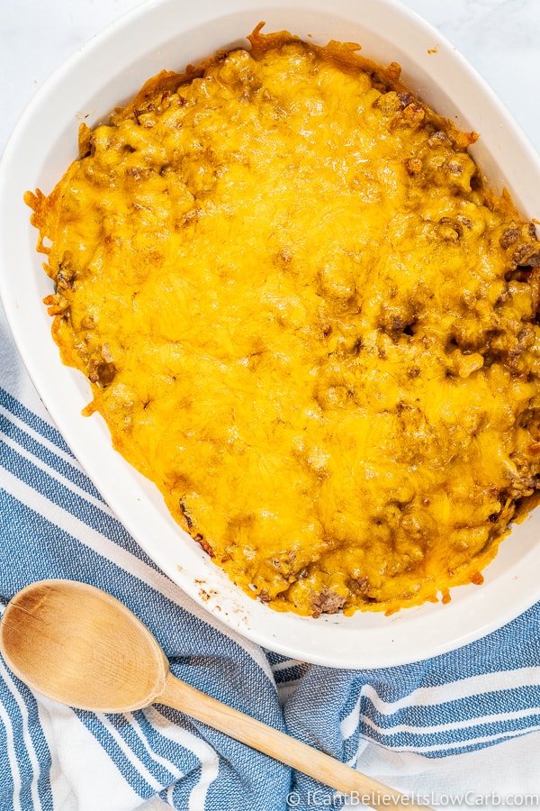 Keto Cheeseburger Casserole in baking dish with melted cheese