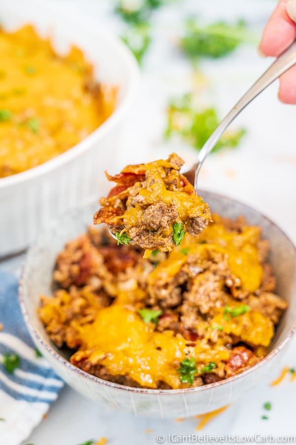 Keto Cheeseburger Casserole in a bowl with spoon