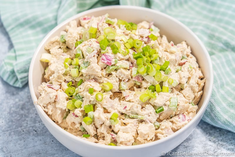 bowl of Keto Chicken Salad with chopped celery on top