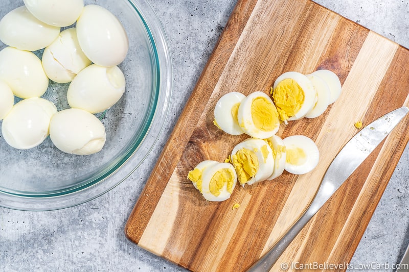 cutting hard-boiled eggs in half