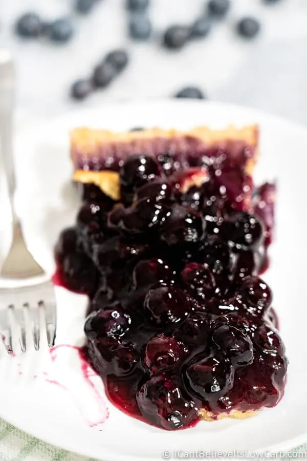 Sugar Free Blueberry Pie recipe with fresh blueberries on white plate