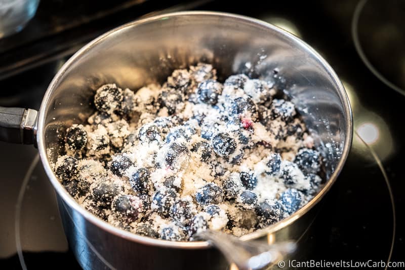 Blueberry Pie filling in a pan with swerve sweetener