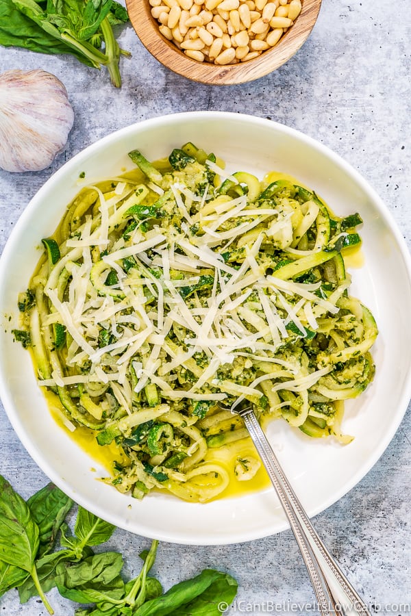 Bowl of Zucchini Noodles and Pesto 