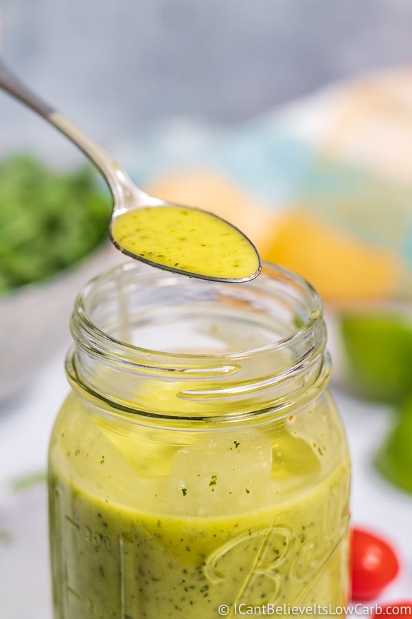 Cilantro Lime Salad Dressing on a spoon