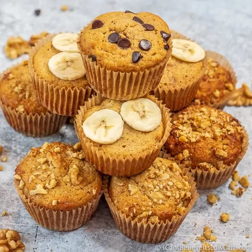 Keto Banana Muffins stacked on top of each other