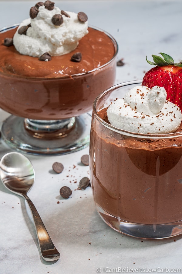 Keto Chocolate Pudding with whipped cream and strawberry
