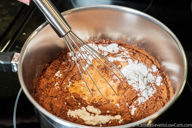 Mixing all the ingredients in pan for Low Carb Chocolate Pudding