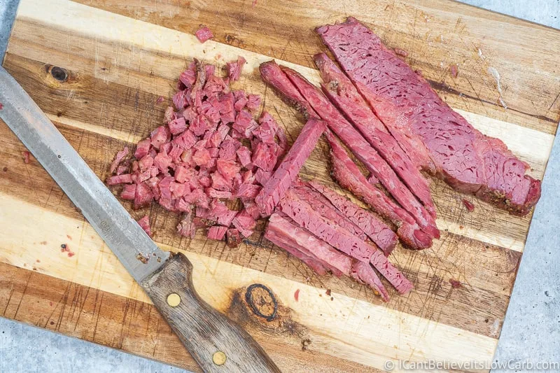 Chopping Corned Beef into cubes